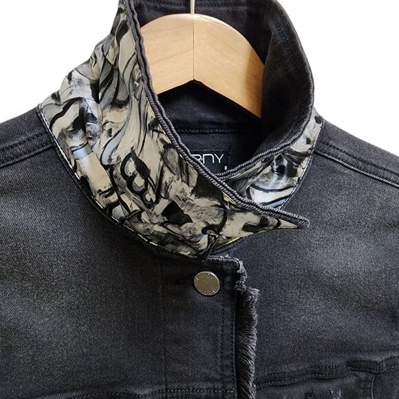 APNY Denim Jacket Women S Black Cotton Blend Graffiti Frayed Button Distressed - Picture 6 of 15